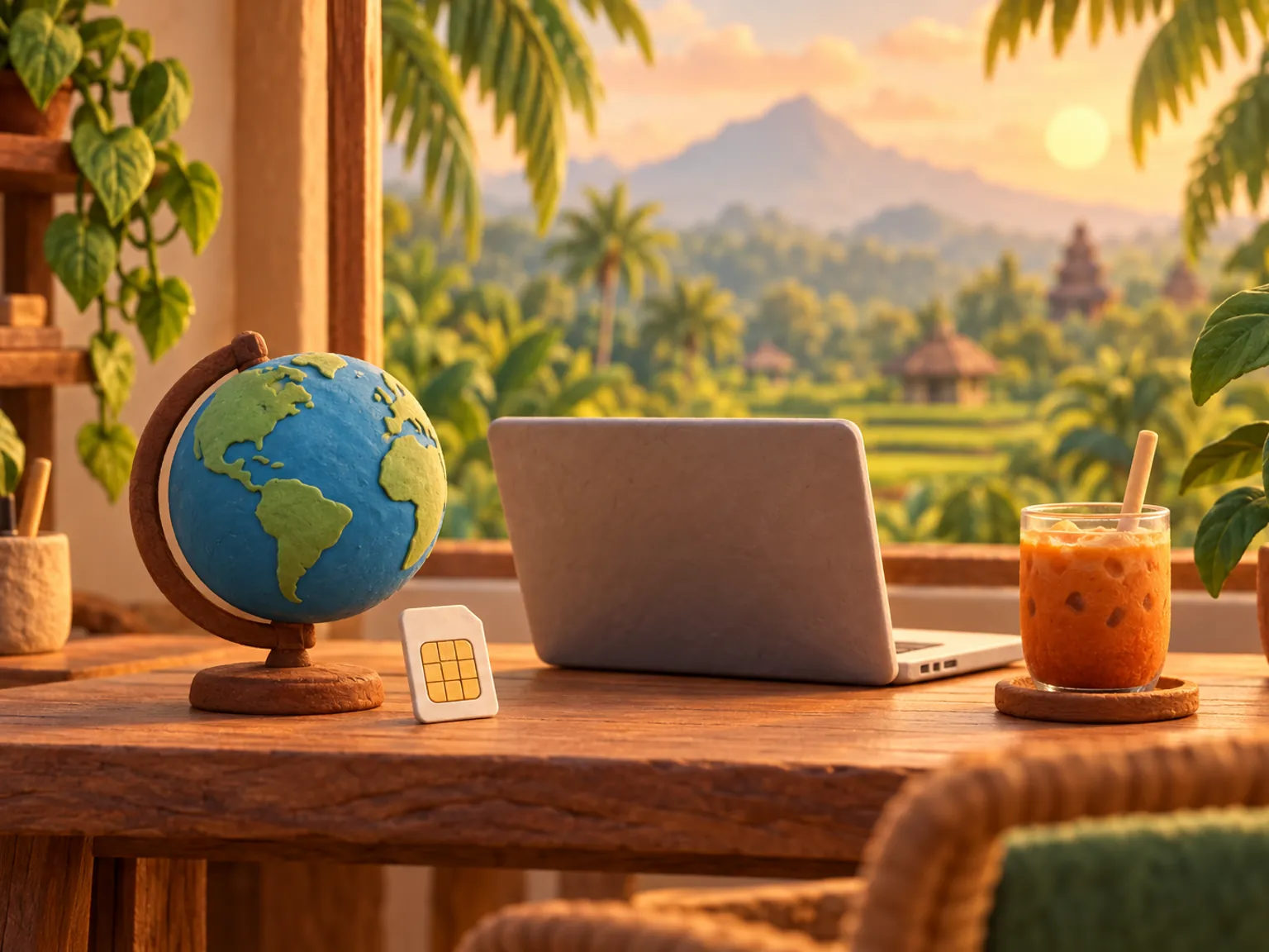 Illustration: a small travel studio desk with a laptop, a plain globe, a SIM card and a cup of Thai iced tea.