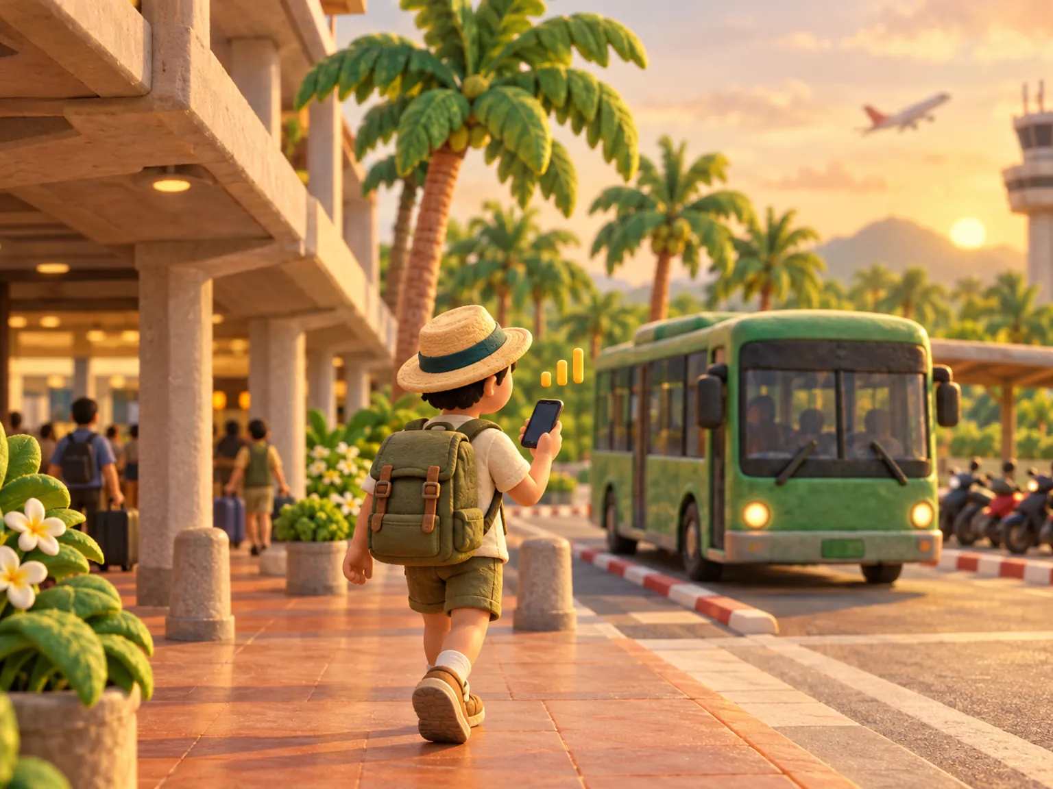 Illustration: a traveller walks out of Don Mueang's old terminal toward a green bus, palms over the kerb.