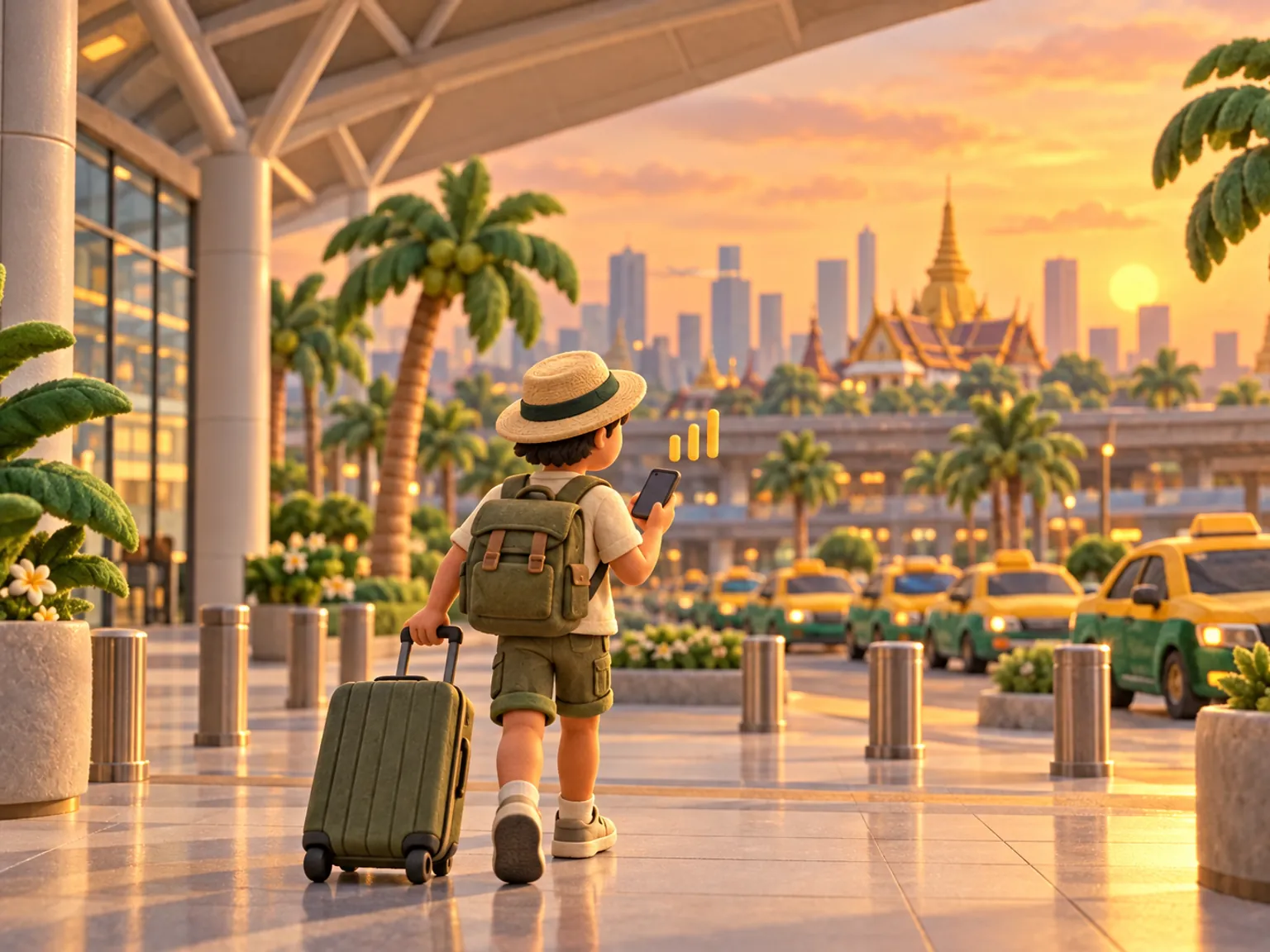 Illustration: a traveller steps out of the Suvarnabhumi terminal with a suitcase, rows of taxis and palms ahead.