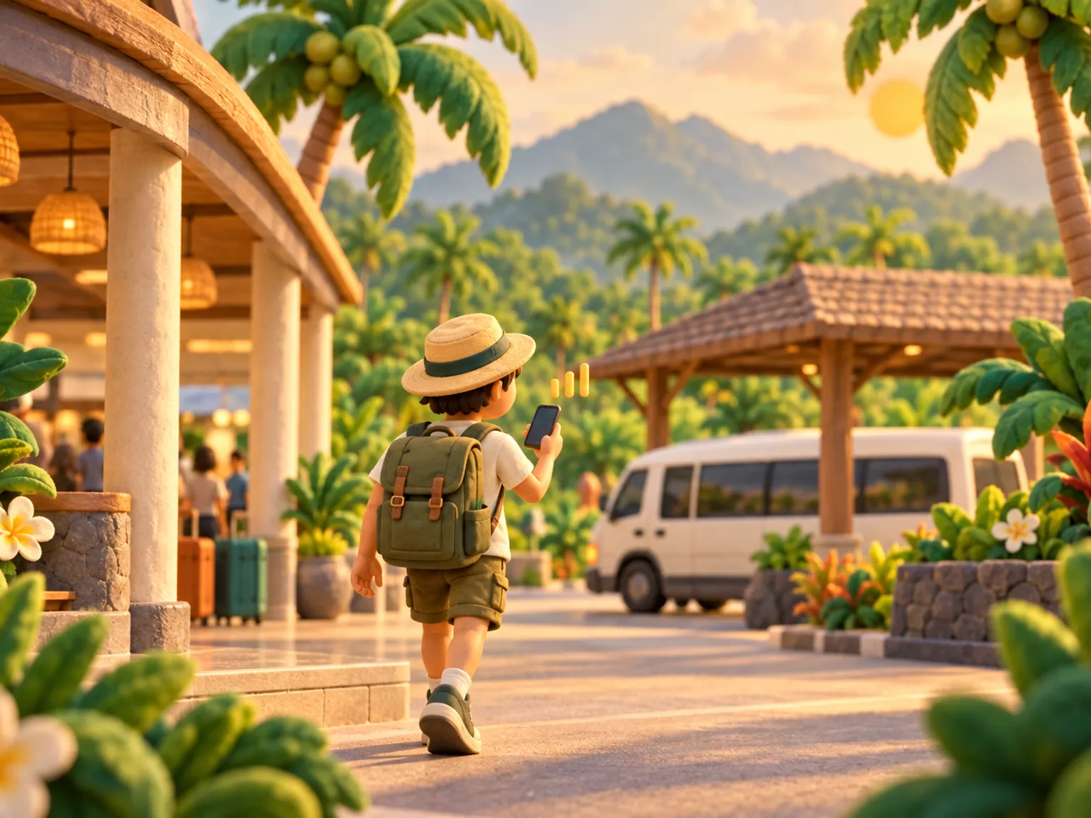 Illustration: a traveller leaves Phuket's small airport terminal toward a shuttle van, green hills behind.