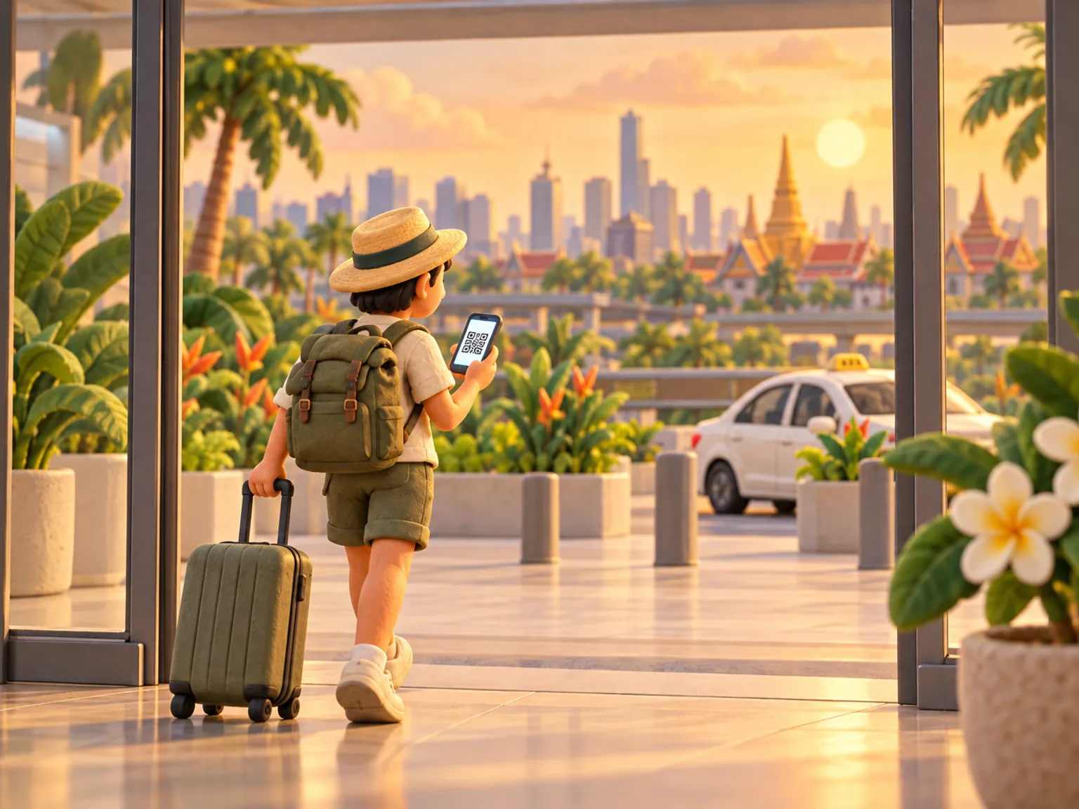 Illustration: a traveller with a suitcase walks out of a Bangkok arrivals hall, phone in hand.