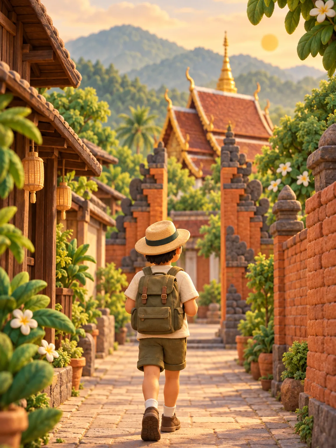 Illustration of a temple in the hills above Chiang Mai in the morning mist.