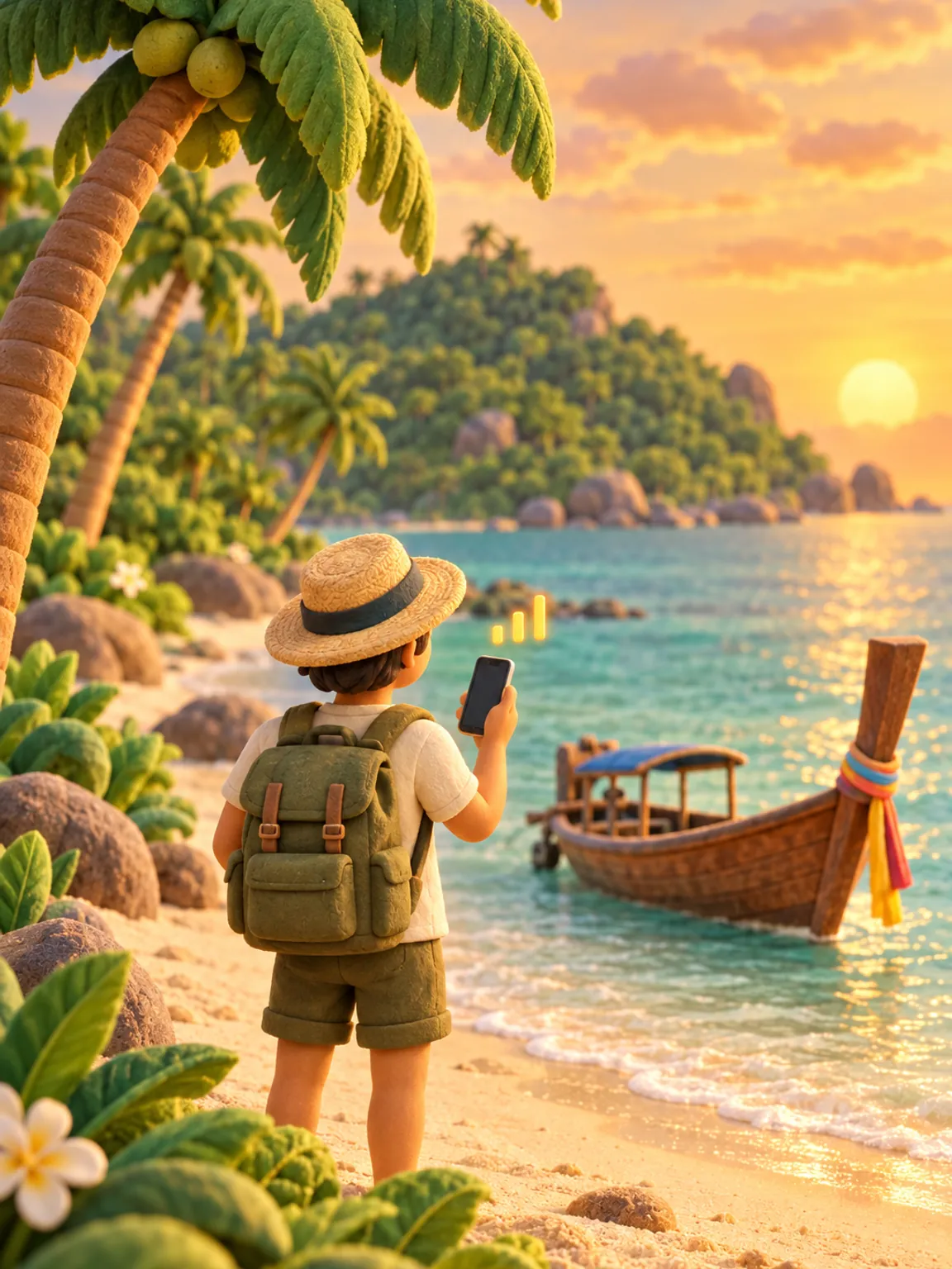 Illustration of a ferry arriving at a Koh Samui pier, palms along the beach.