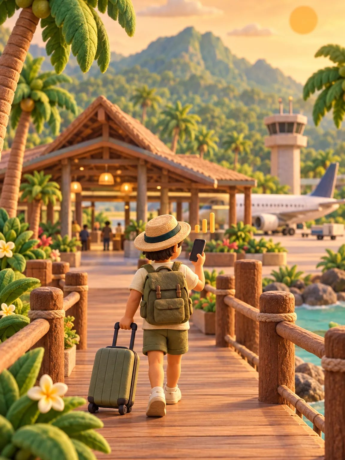 Illustration of Phuket airport by the sea, palms and a plane coming in to land.