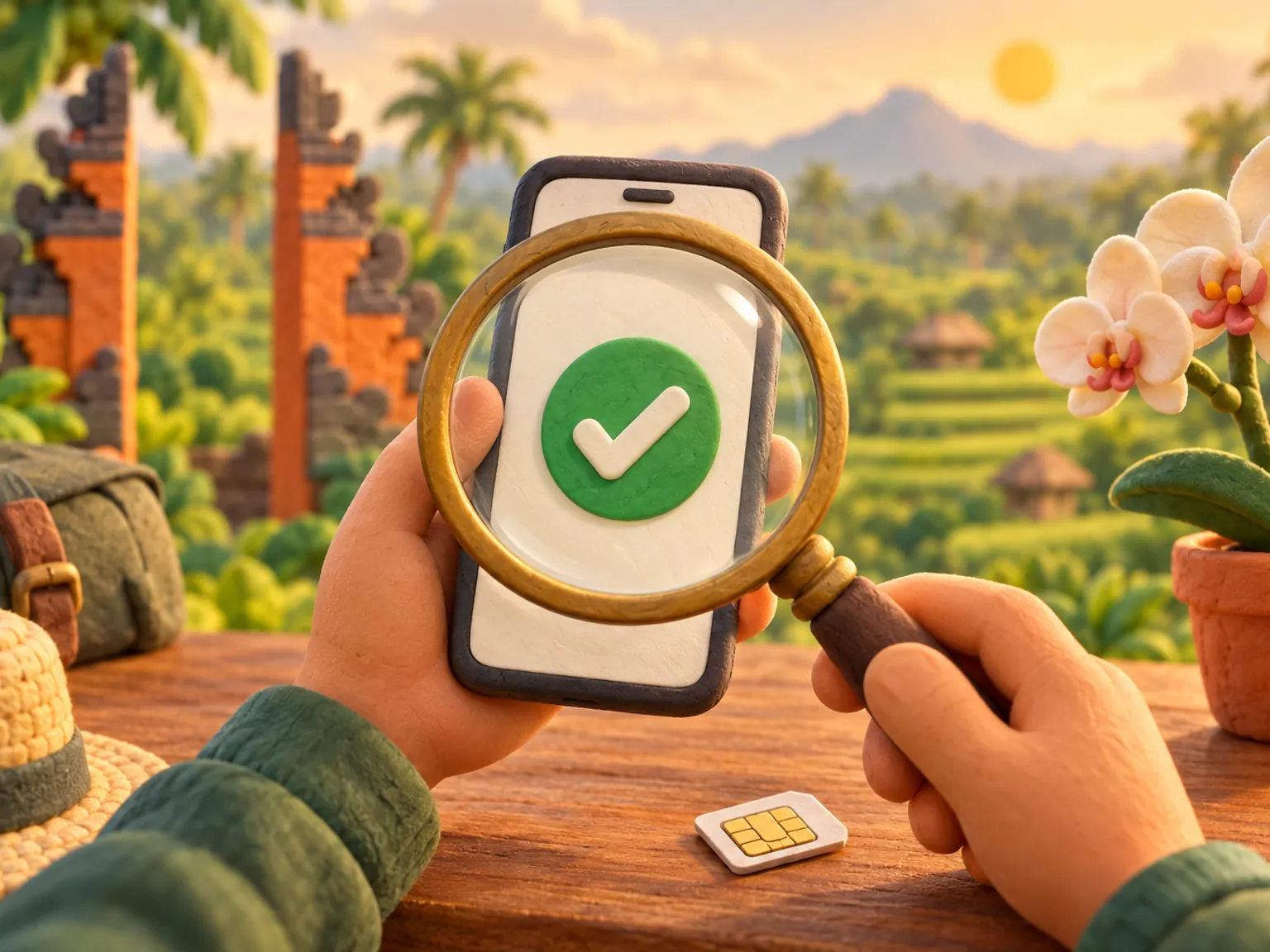 Illustration: two hands hold a phone beneath a magnifying glass, green tick on the screen, SIM card on the table.