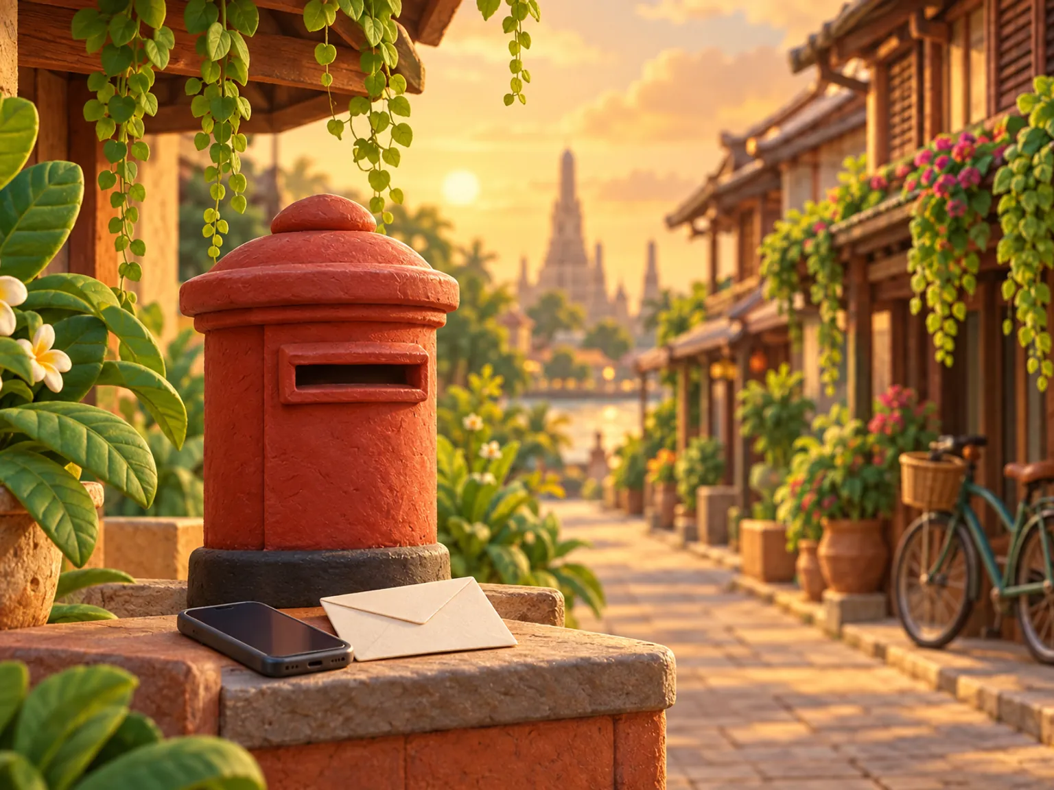 Illustration: a letterbox on a quiet Bangkok lane, a phone and an envelope on a ledge beside it.