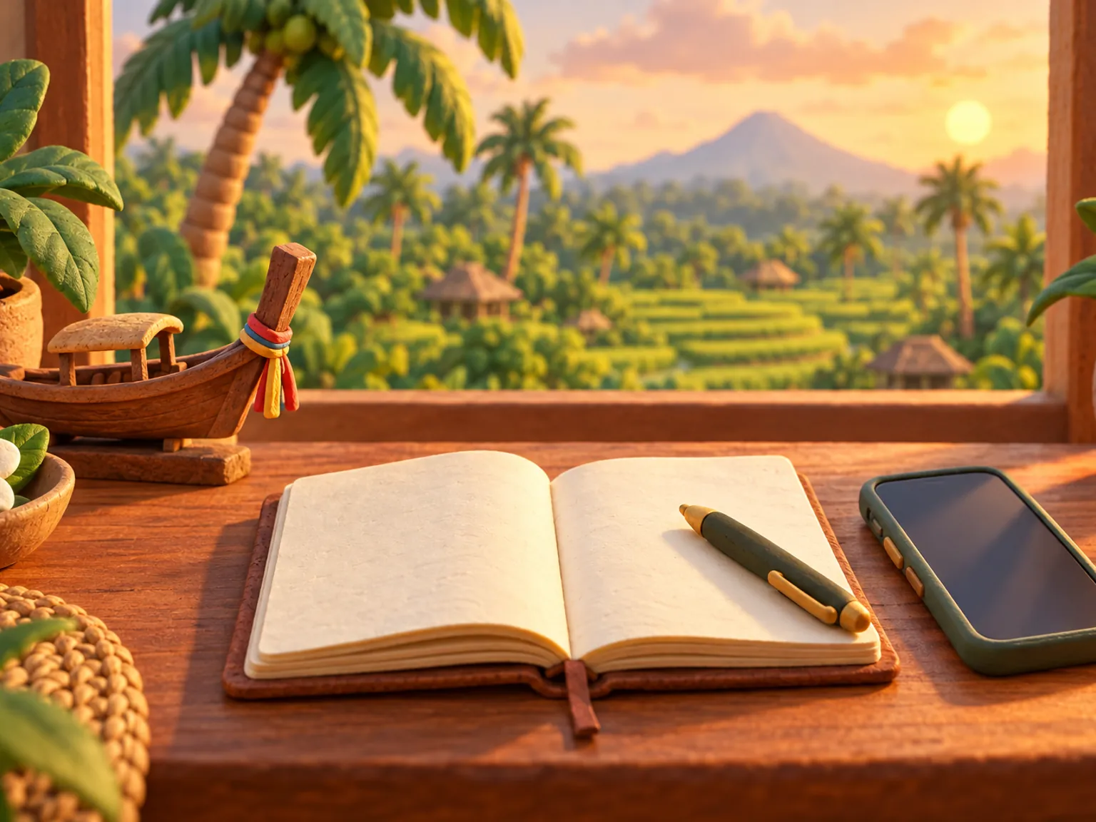 Illustration: a notebook with blank pages, a pen and a phone on a desk beside a tiny carved wooden boat.