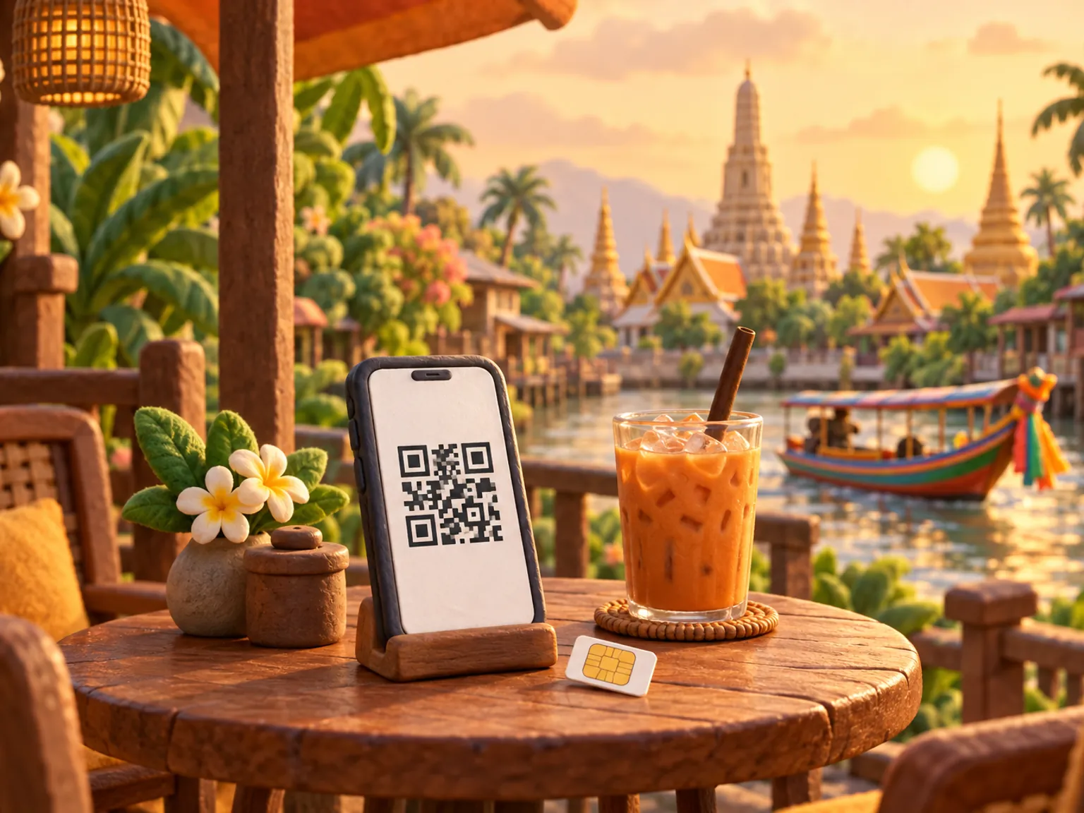 Illustration: a phone showing a QR code beside a plastic SIM card on a café table in Bangkok.