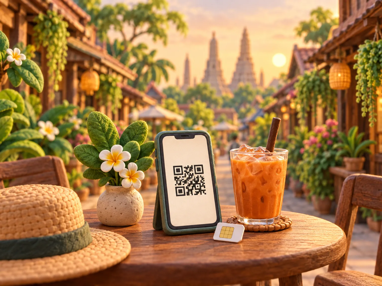 Illustration: a phone showing a QR code on a café table in Bangkok, beside a small SIM card and a glass of iced tea.