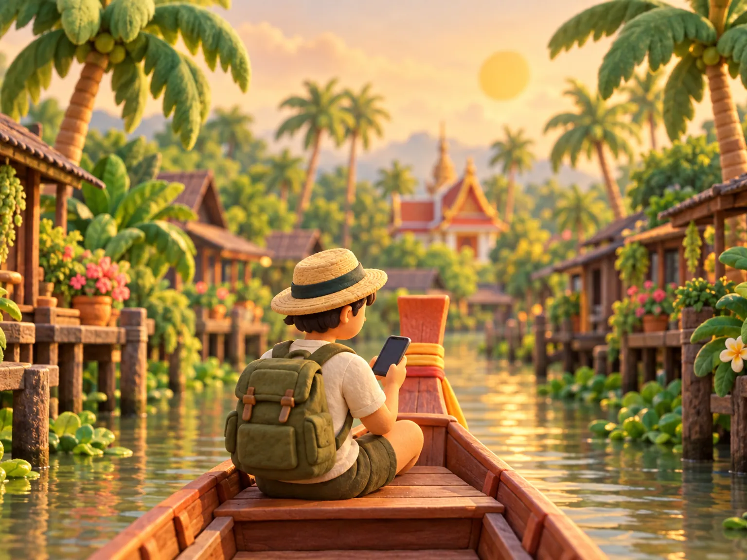 Illustration: a traveller reads a phone in the bow of a longtail boat on a quiet palm-lined canal in Bangkok.