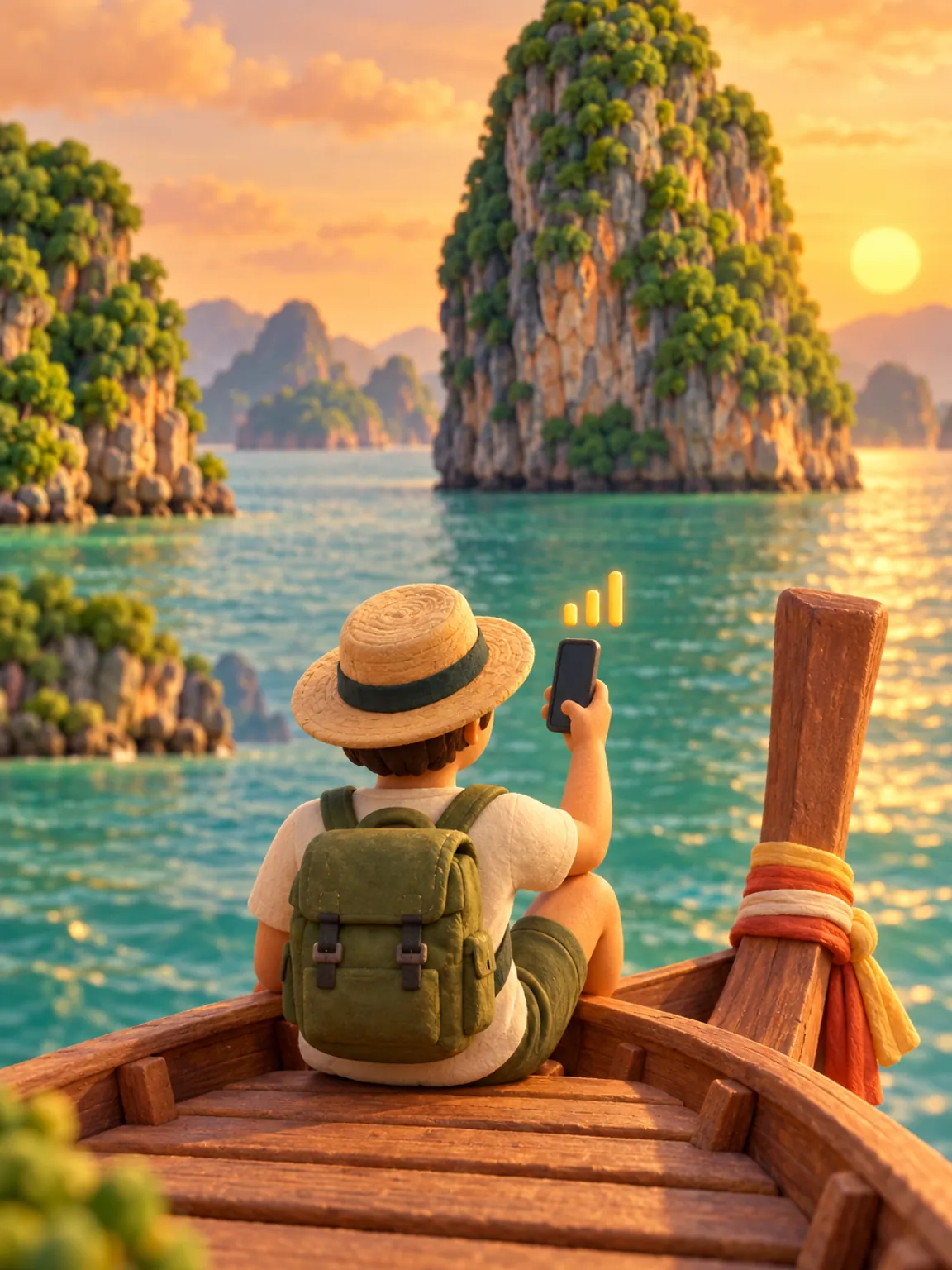 Illustration: a traveller on a longtail boat in a limestone bay holds up a phone.