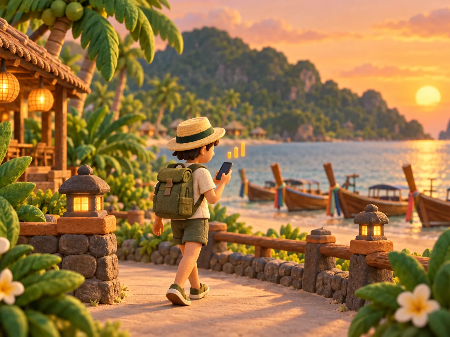 Illustration: a traveller walks a calm beachside promenade at dusk, longtail boats resting on the sand.