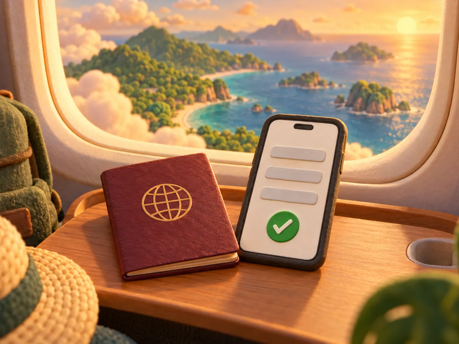 Illustration: a passport and a phone showing a plain form beside an aircraft window, a coastline of islands below.