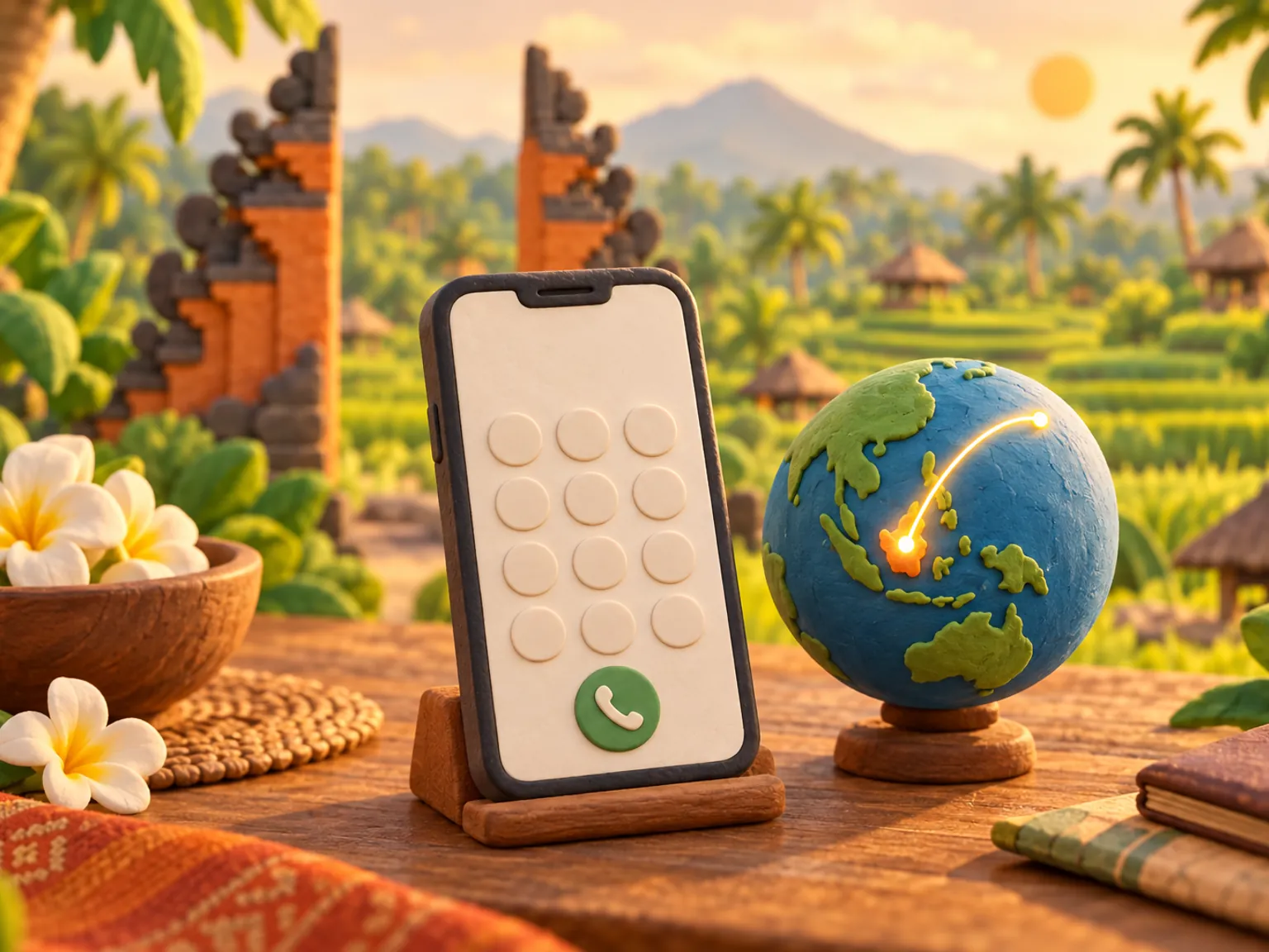 Illustration: a phone keypad on a wooden table beside a small globe, a glowing arc rising from a tiny country.