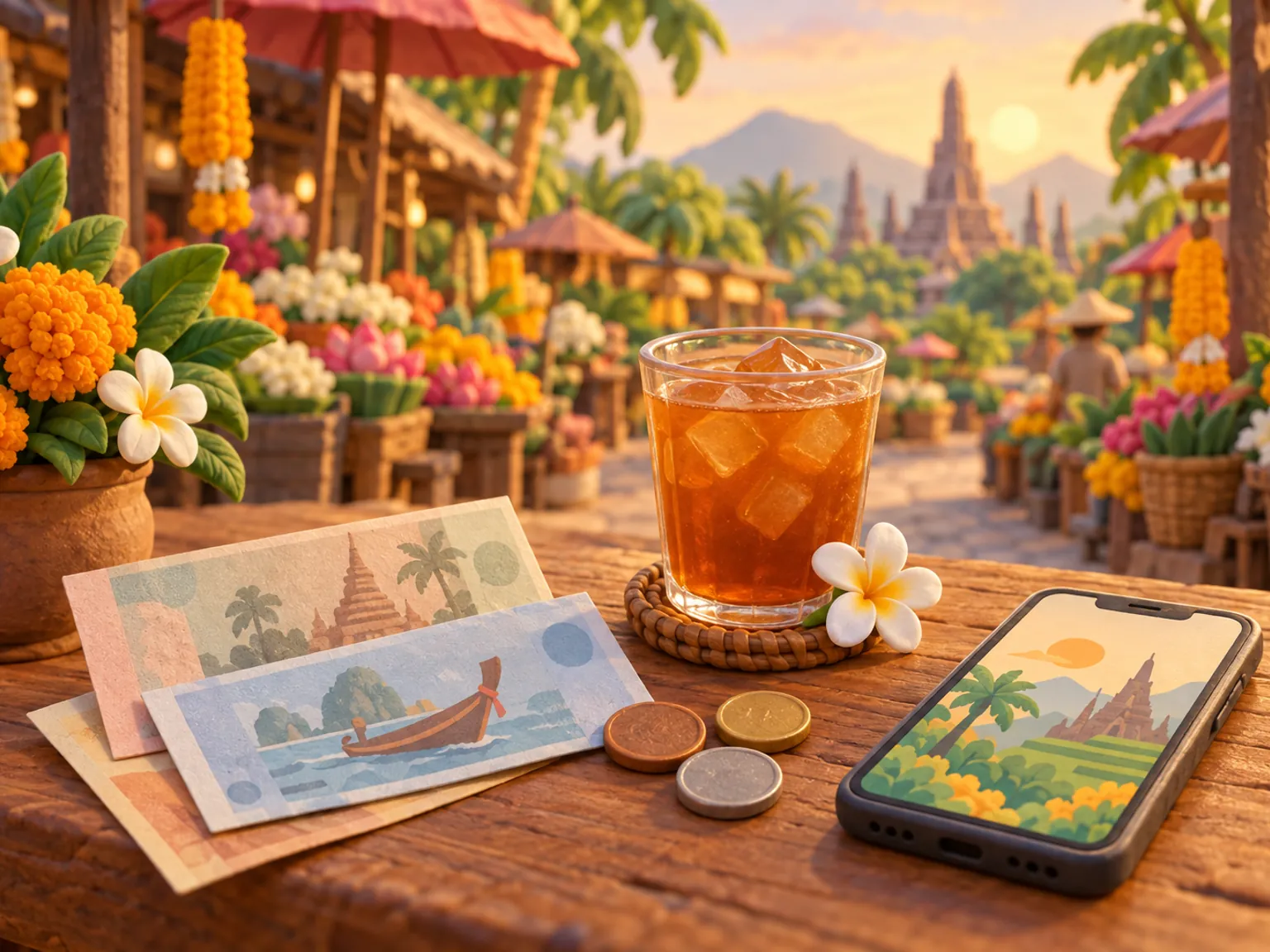 Illustration: banknotes and coins beside a glass of iced tea on a table in a flower market lane.