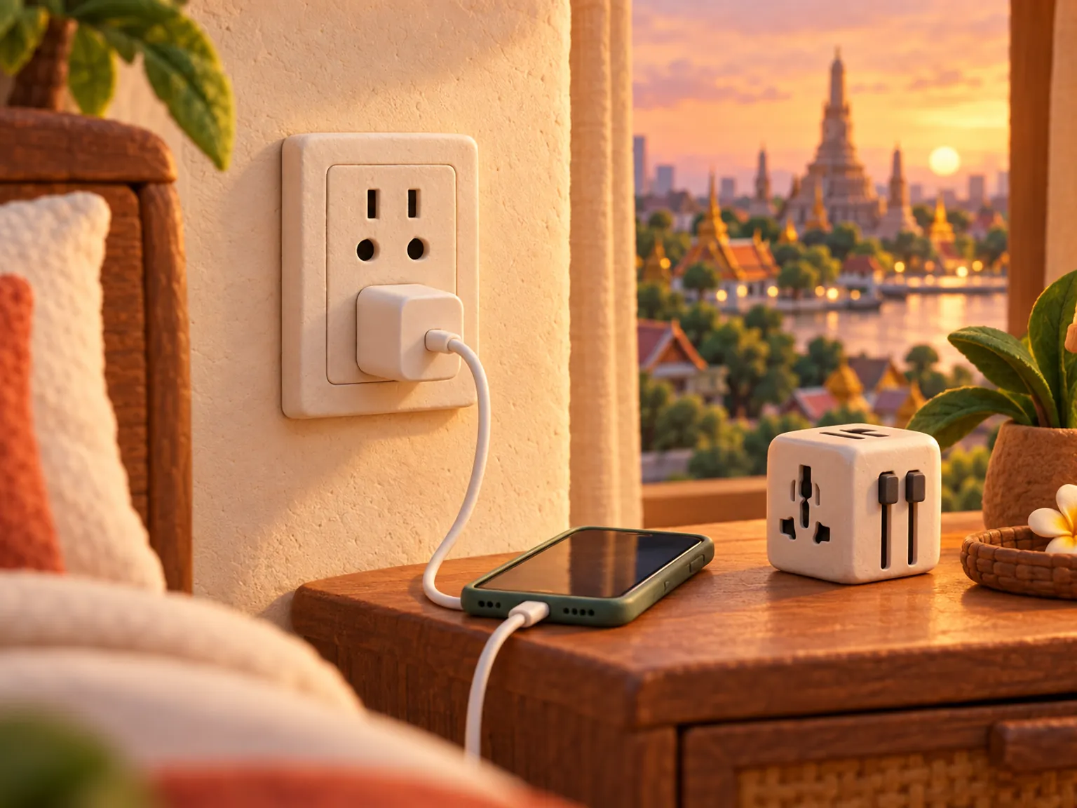 Illustration: a wall socket with a phone charging from a plain plug, a travel adapter on a bedside table.