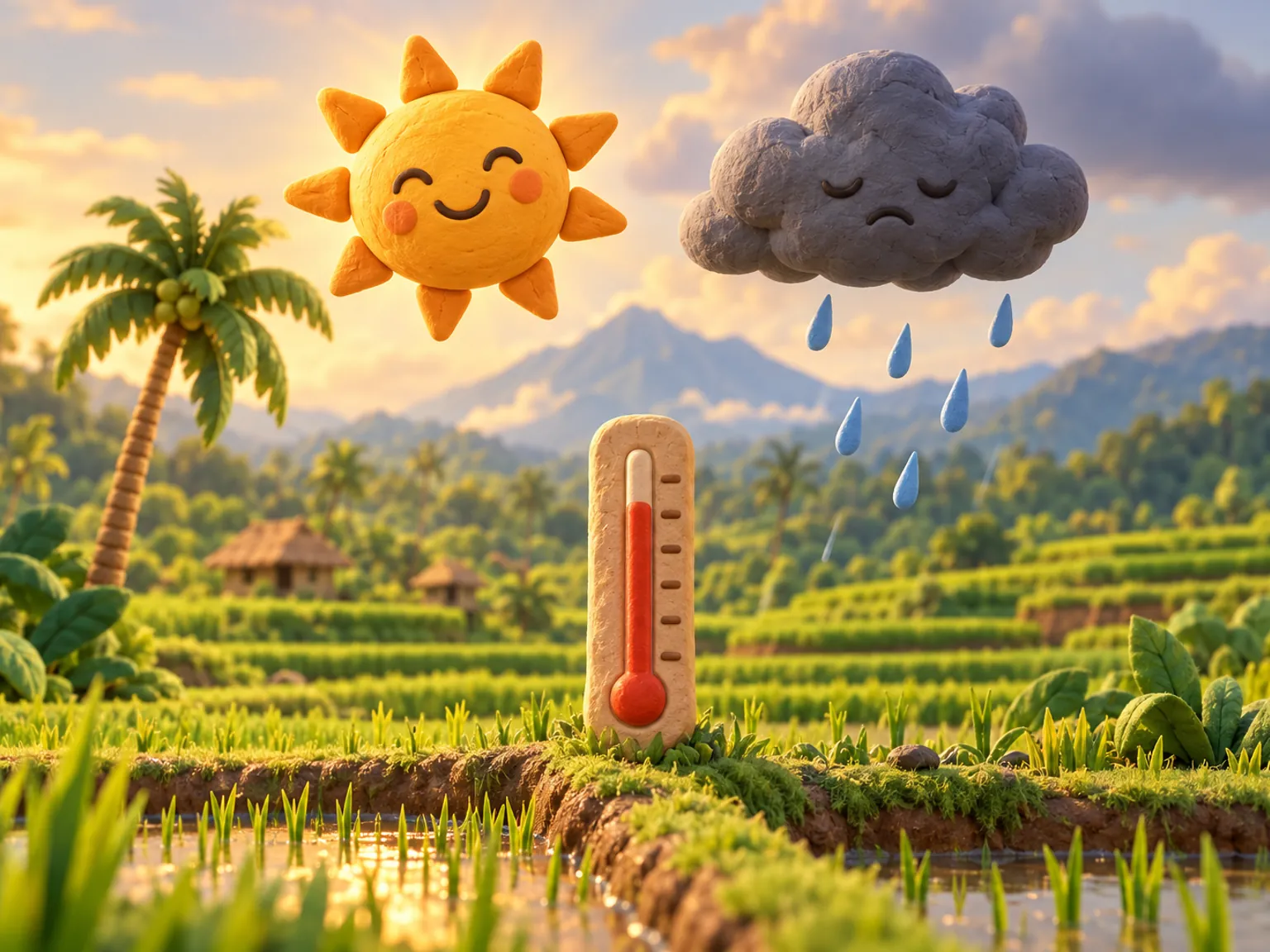 Illustration: a sun and a rain cloud over green rice fields, a thermometer planted in a paddy bank.