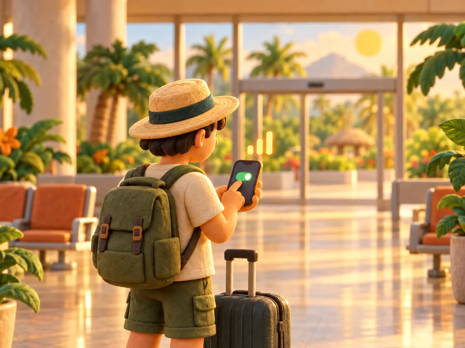 Illustration: an arrivals hall, a traveller flips a toggle on their phone, palms and glass doors behind.