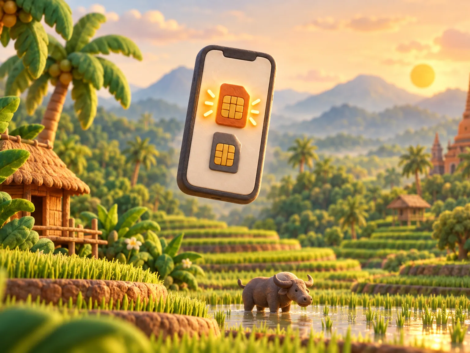 Illustration: two SIM lines on a phone screen, one glowing, over a river valley of rice paddies.