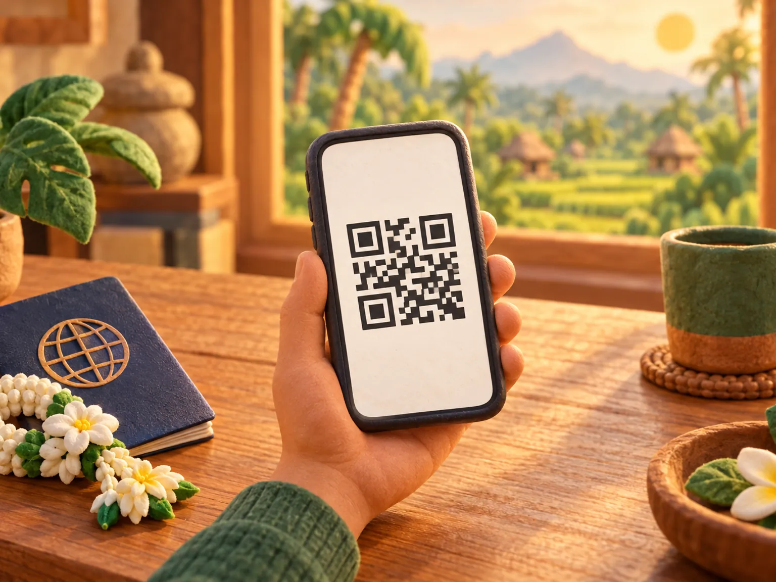Illustration: a hand holds a phone showing a QR code over a wooden table at home, a passport and a jasmine garland beside it.