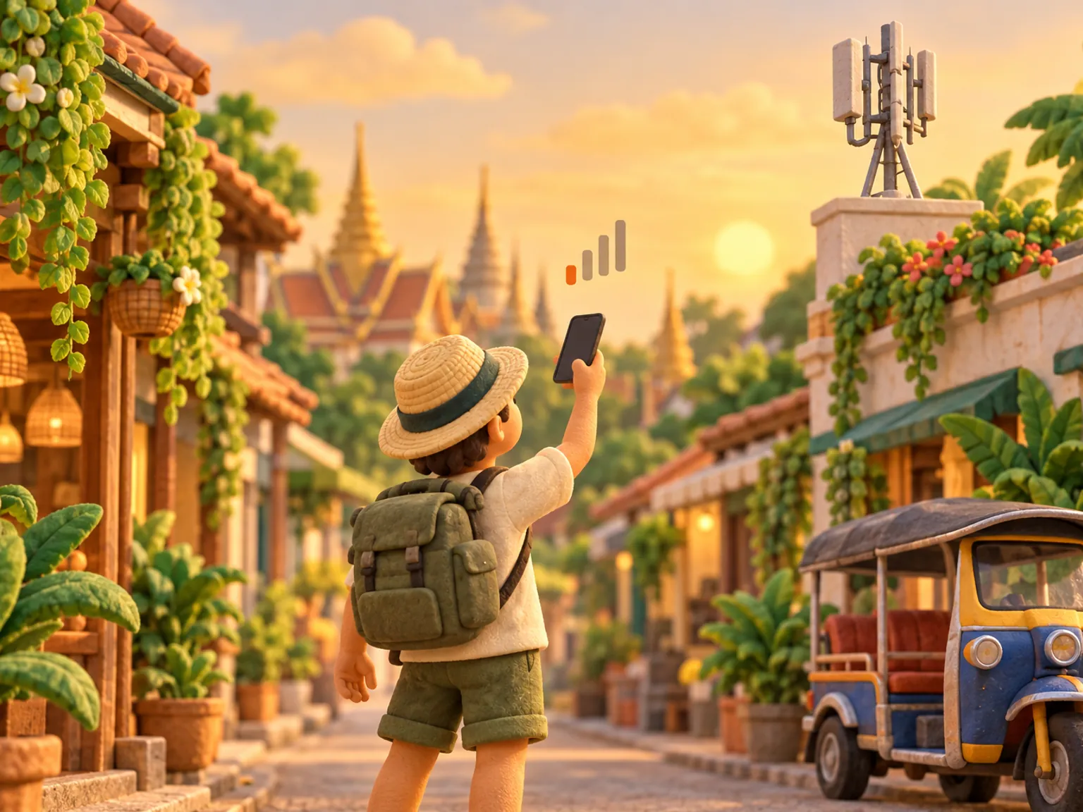 Illustration: a traveller on a Bangkok street holds a phone up toward a rooftop signal tower.