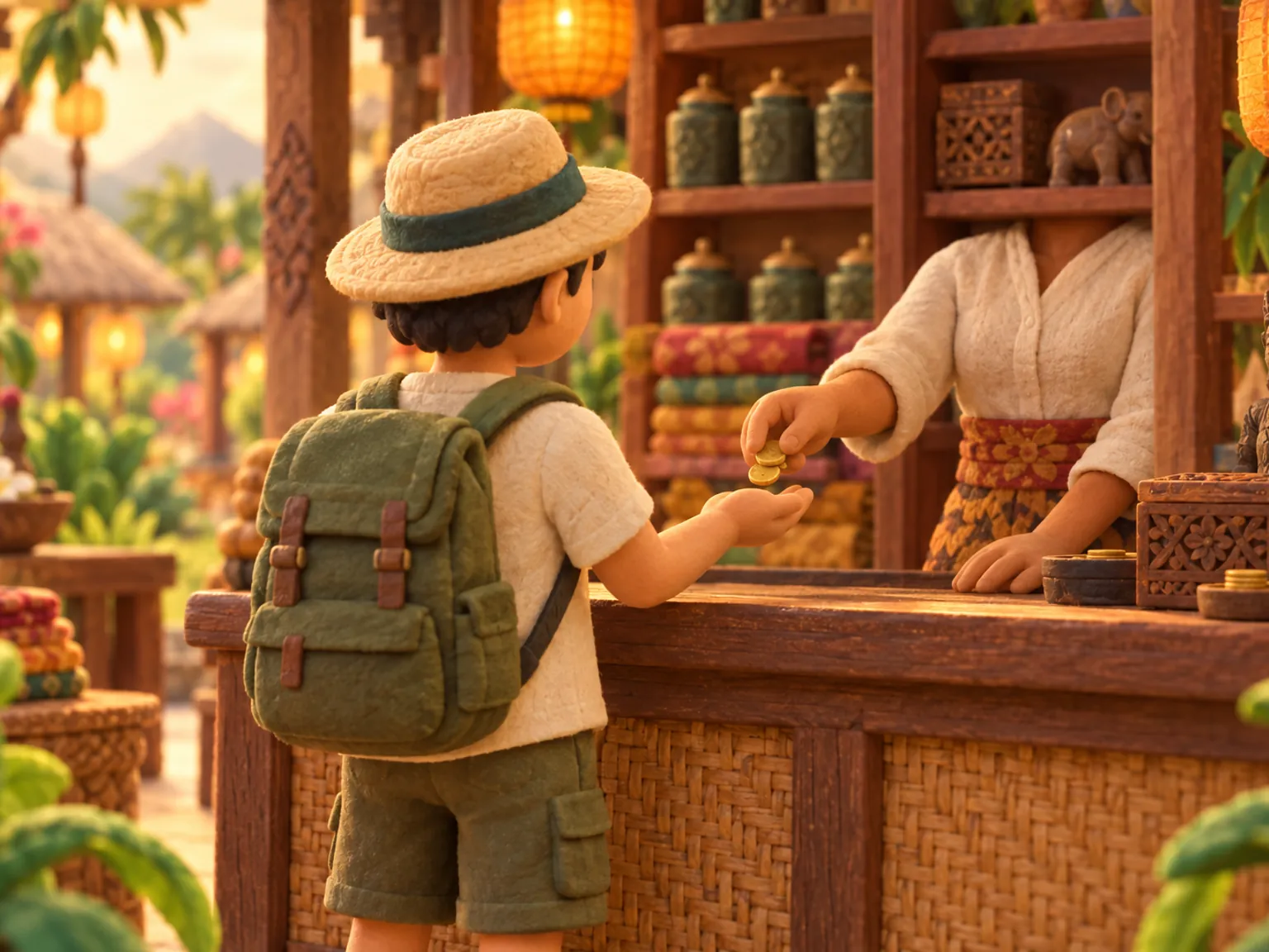 Illustration: a shopkeeper hands coins across a wooden counter to a traveller, shelves of tea jars behind.