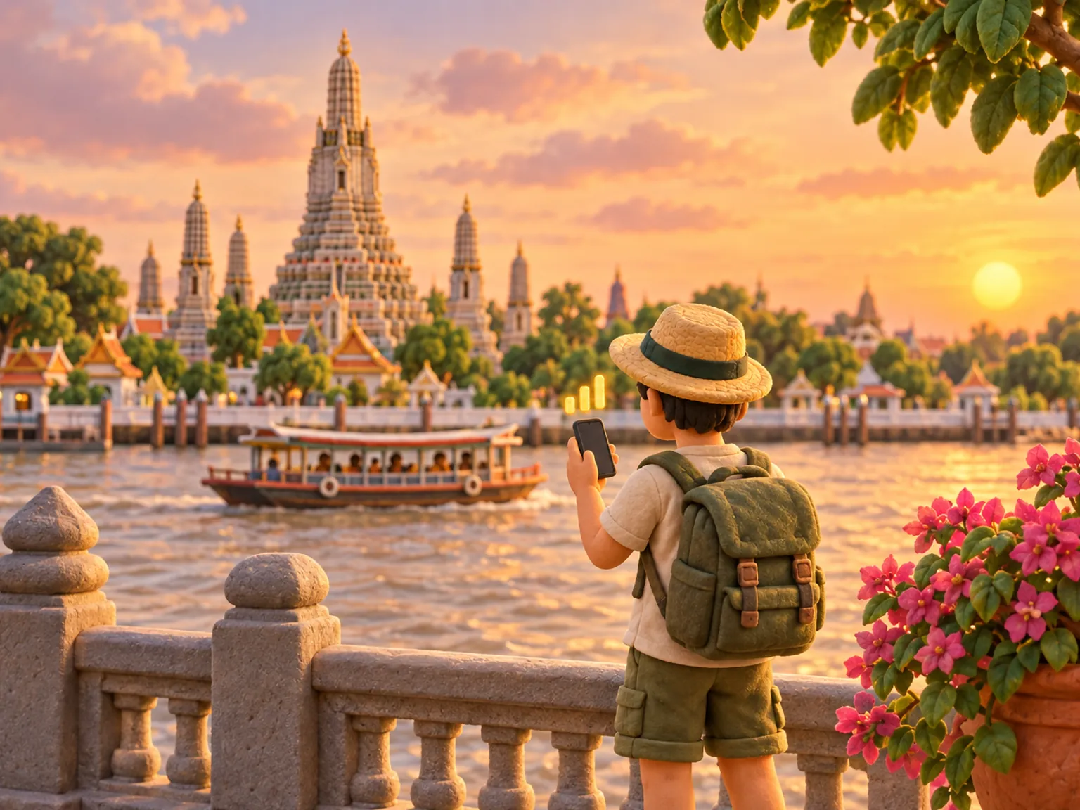 Illustration: a traveller on the Chao Phraya riverside in Bangkok checks a phone, the spires of Wat Arun behind.