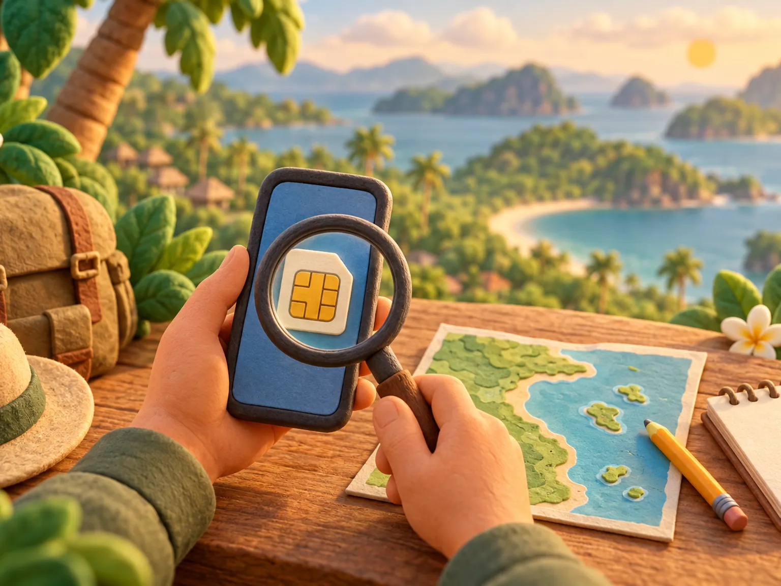 Illustration: a magnifying glass over a phone in hand, next to a plain map of an island coastline.