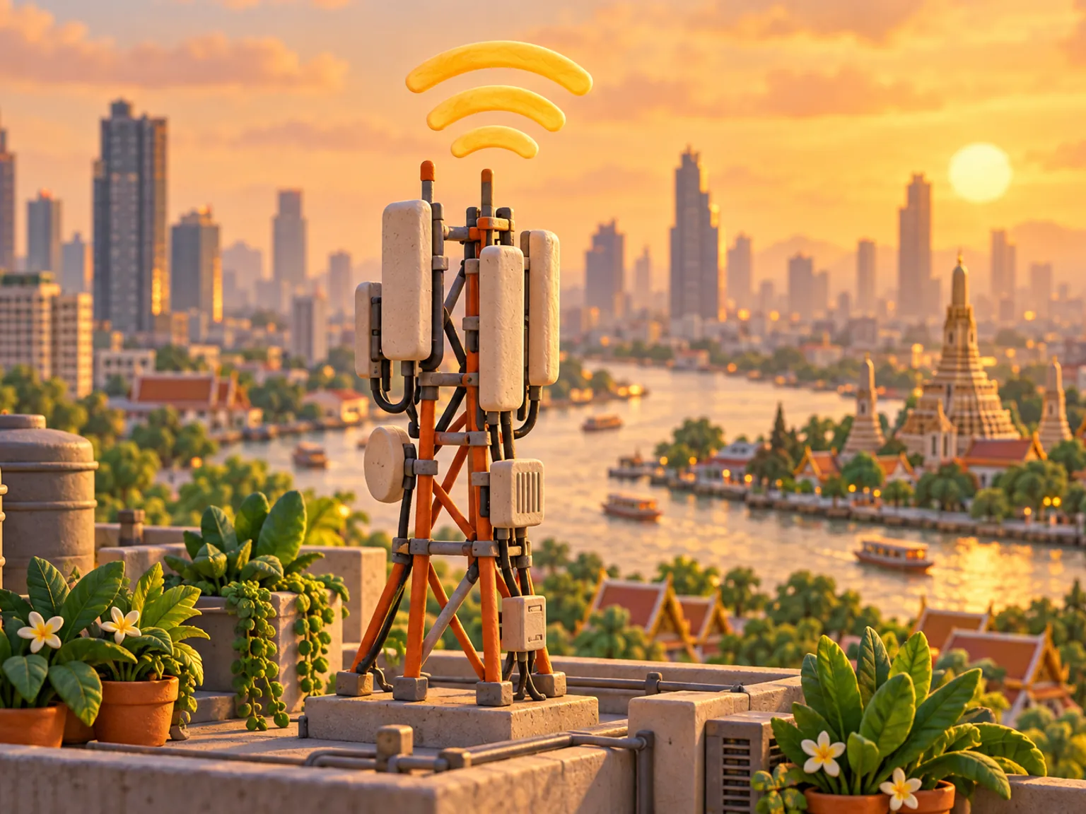 Illustration: a signal tower on a rooftop above the Bangkok skyline at golden hour, the Chao Phraya winding between towers and a temple spire.