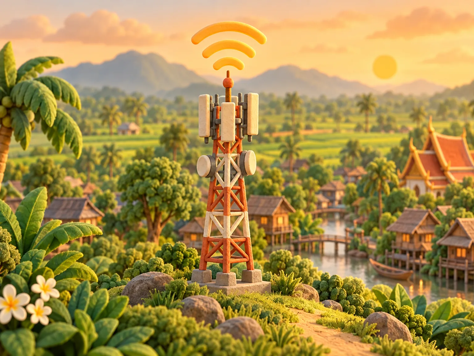 Illustration: a signal tower on a low hill above a quiet provincial town, wooden houses on stilts and a canal among the trees.
