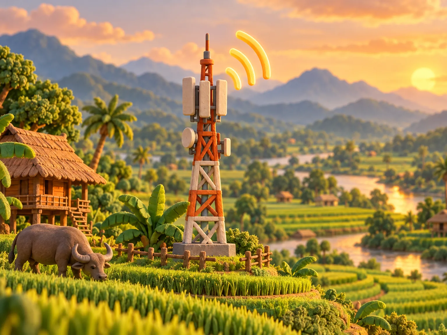 Illustration: a signal tower at the edge of broad green rice fields in northern Thailand, a stilted wooden hut and a water buffalo below.