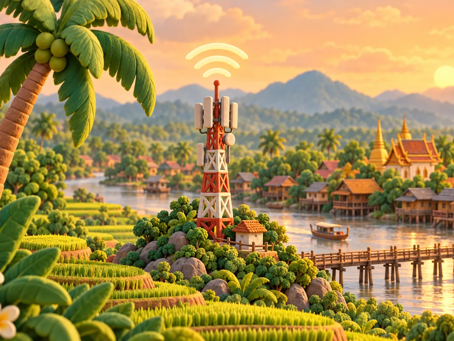 Illustration: a signal tower above a wide Thai river valley with rice paddies and a wooden bridge, a leaning coconut palm at the left.