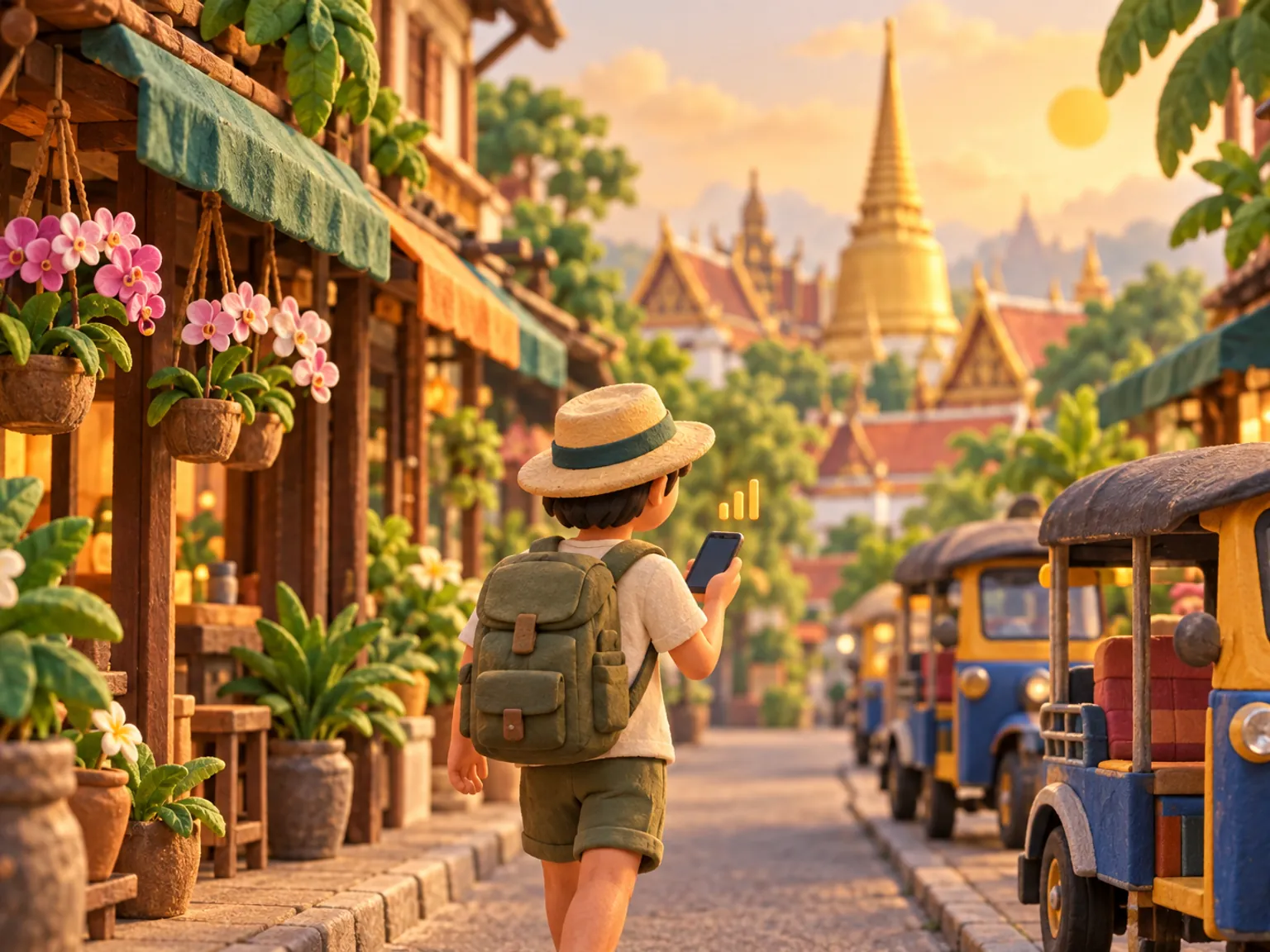 Illustration: a traveller walks a narrow Bangkok street past tuk-tuks, orchid pots and temple rooftops.