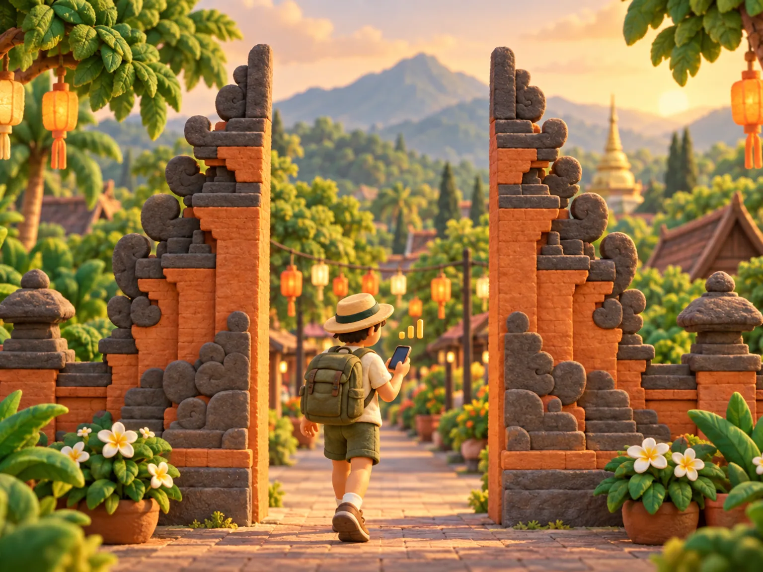 Illustration: a traveller passes under Chiang Mai's old city gate, lanterns strung between the trees.