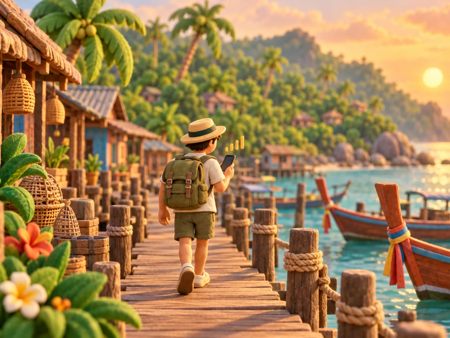 Illustration: a traveller walks a Koh Samui boardwalk between stilt houses and longtail boats at anchor.