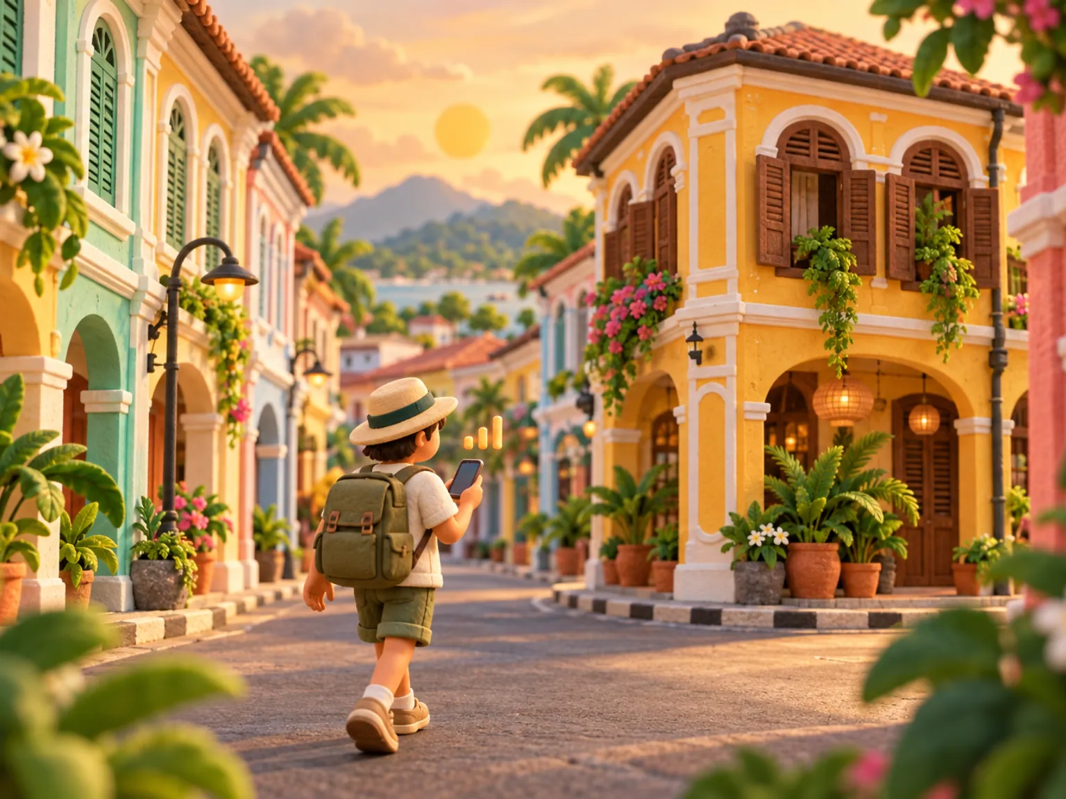 Illustration: a traveller walks a Phuket old town street of pastel shophouses and arched windows.
