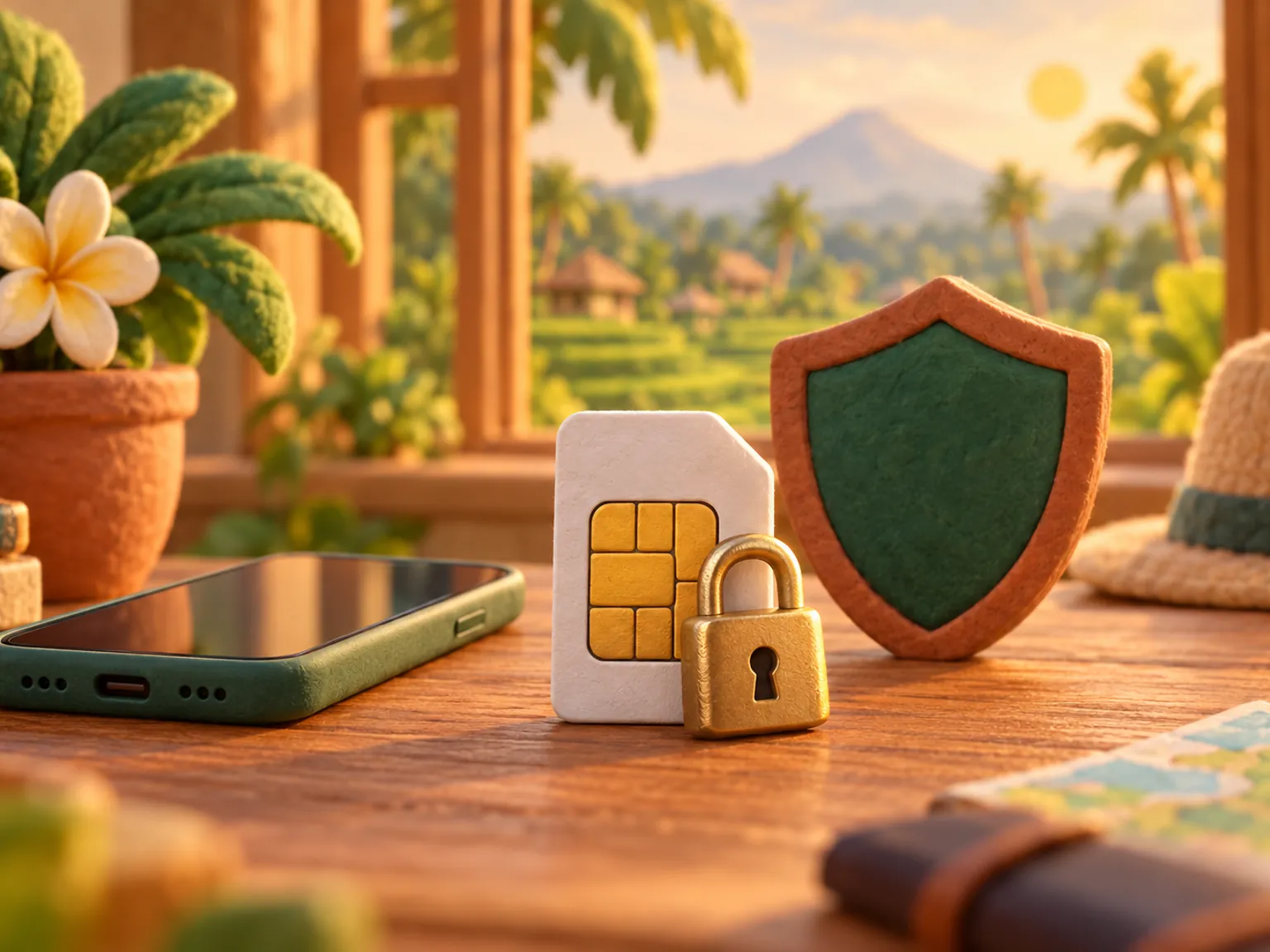 Illustration: a padlock resting on a SIM card beside a phone, a plain shield on the table behind.
