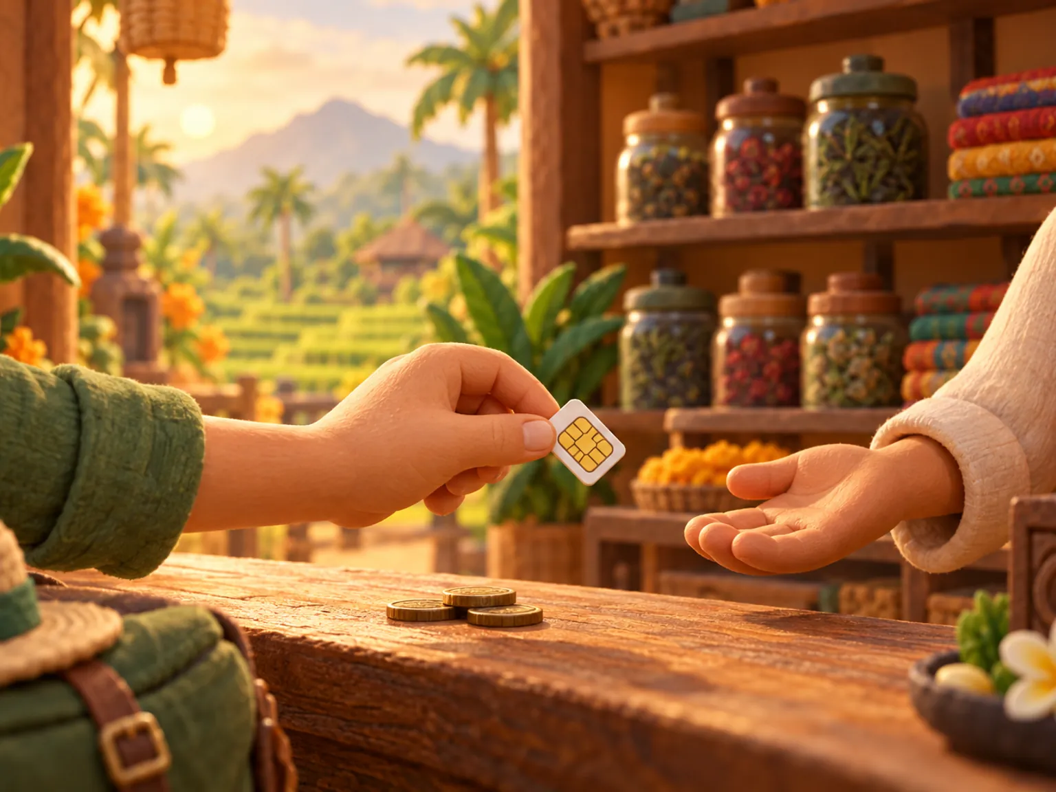 Illustration: a hand returns a SIM card across a shop counter, coins beside it, shelves of tea jars behind.