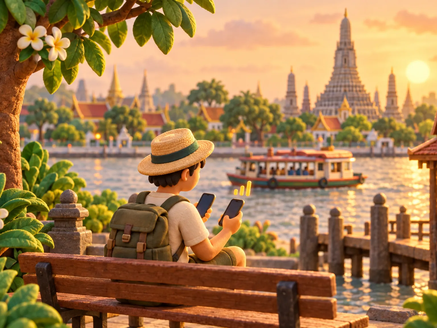 Illustration: a traveller on a riverside bench in Bangkok compares two phones.