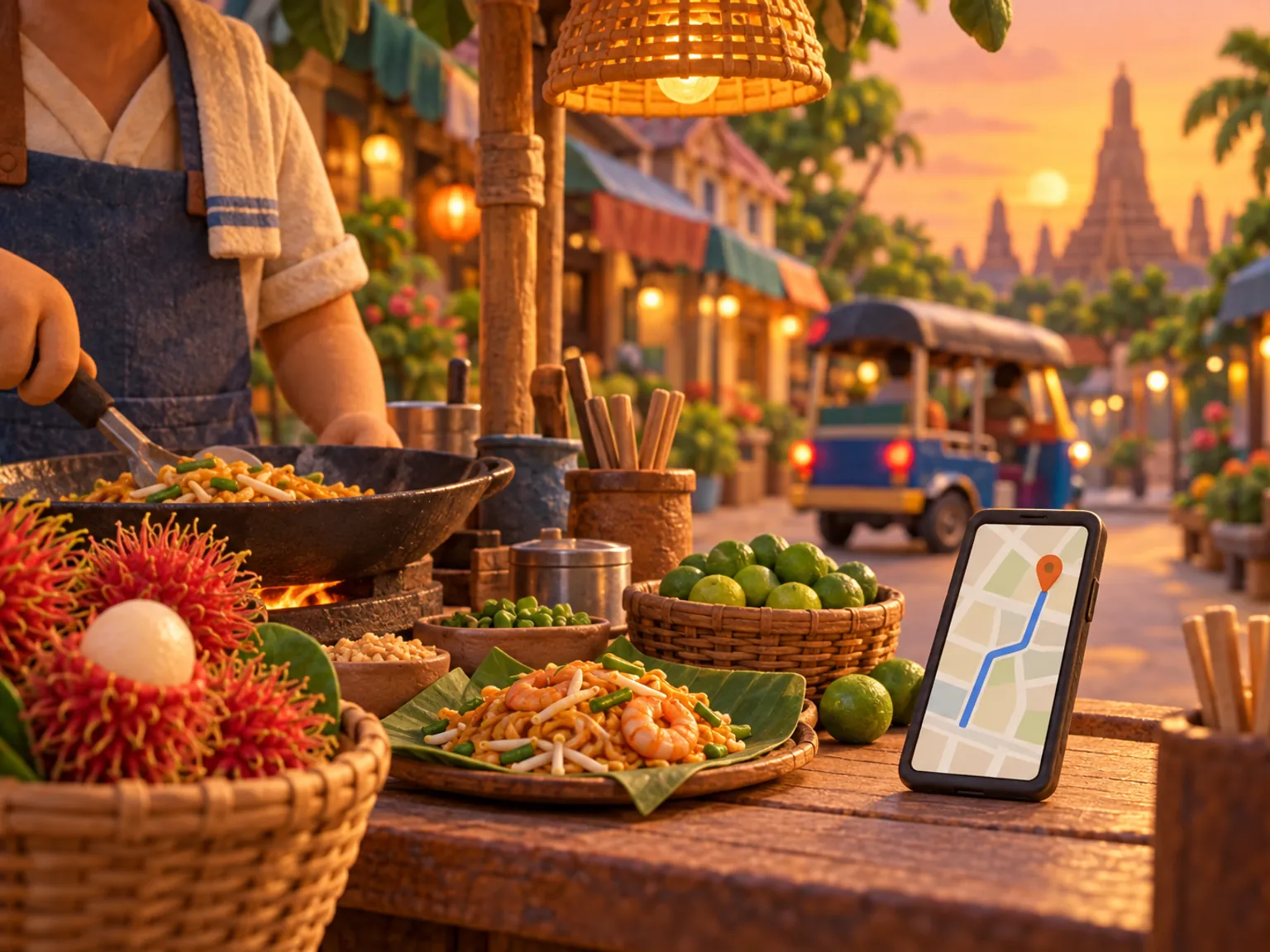 Illustration: a Bangkok street food stall at dusk, a tuk-tuk passing and a phone showing a map.