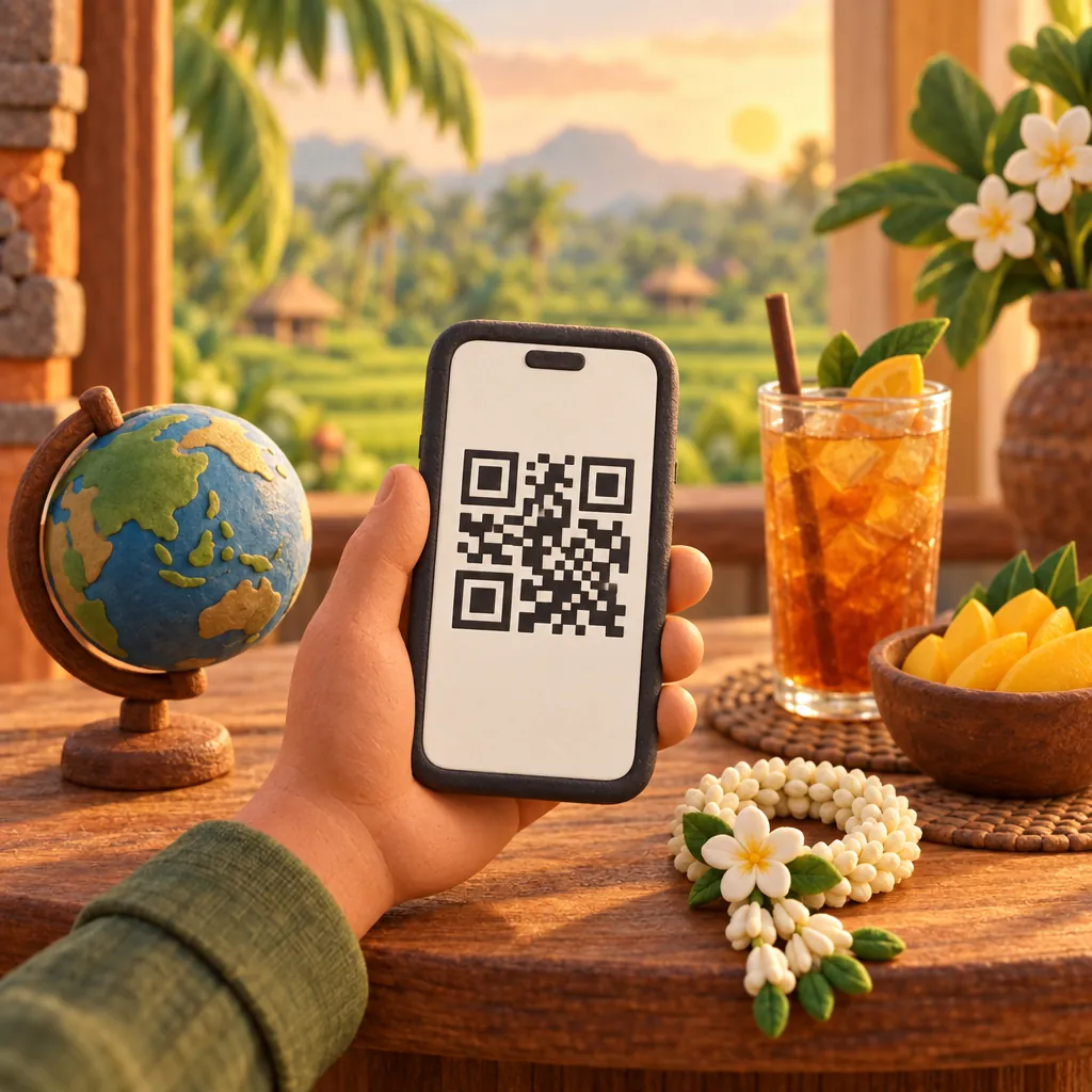 Illustration: a hand holds a phone showing a QR code beside a jasmine garland and a small globe.