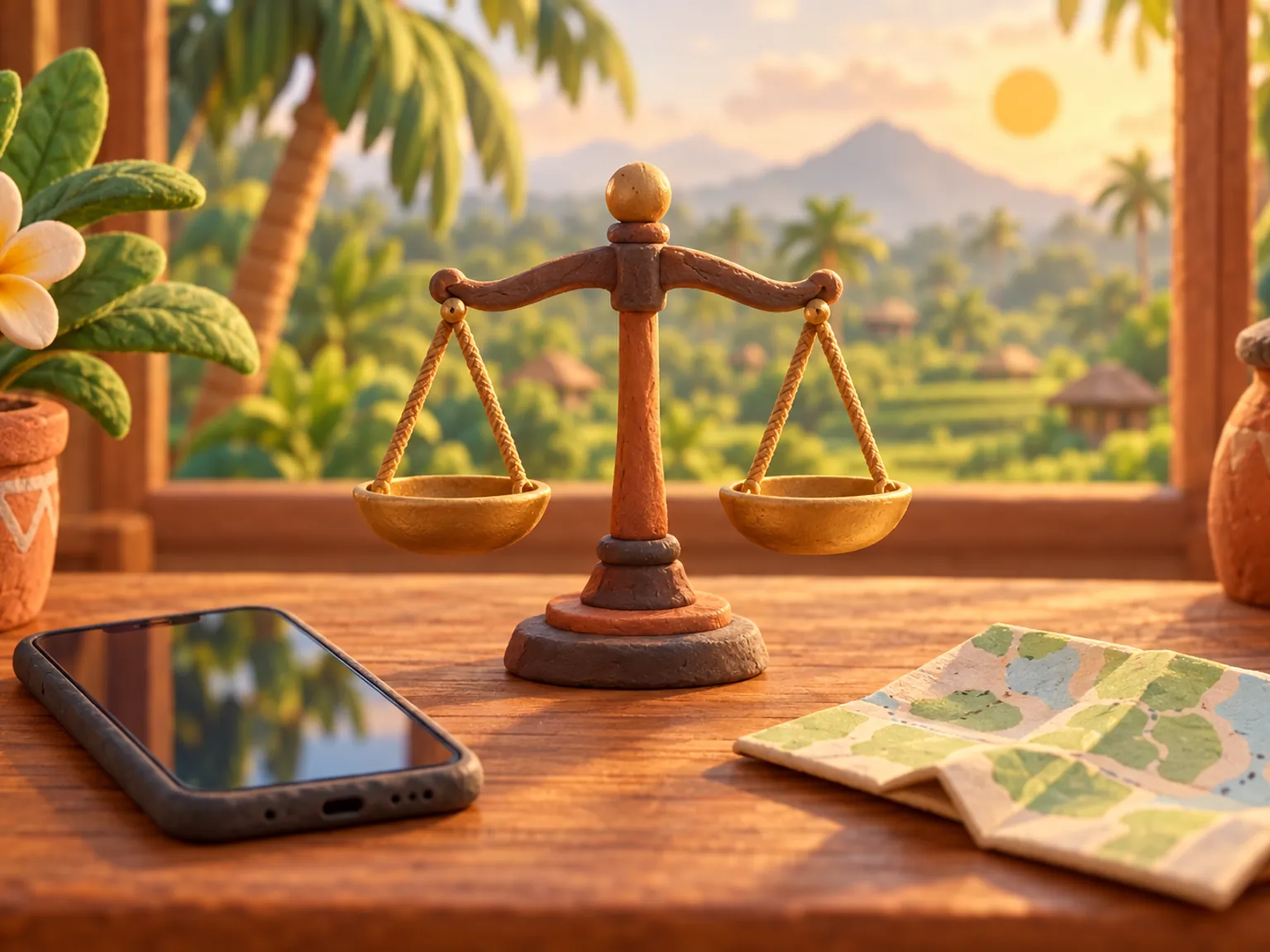 Illustration: a small balance scale on a wooden table beside a phone and a folded map, palm leaves in the window behind.